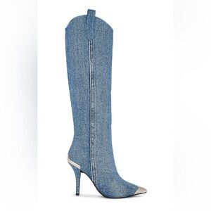 By-Golly Heeled Boot in Blue Acid Wash Denim Silver
